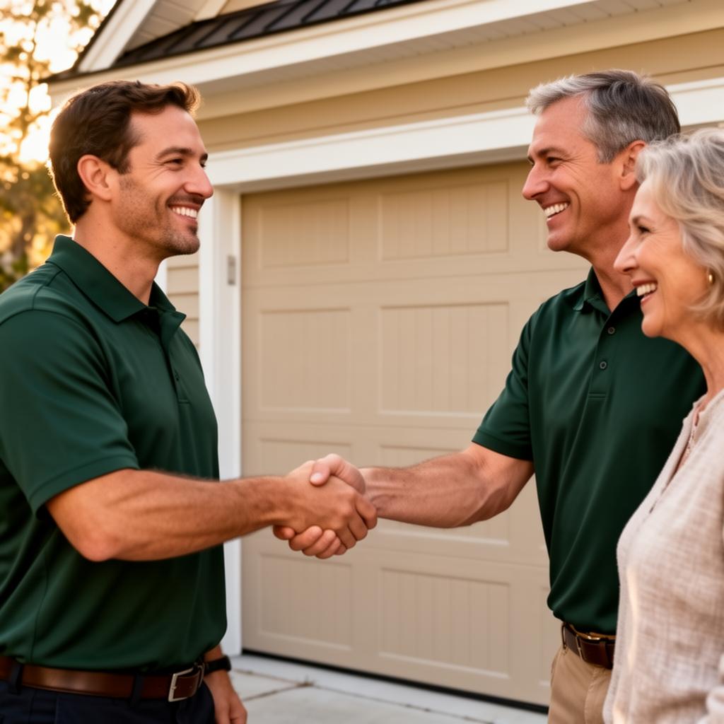 ProWay technicians shaking hands with a Charleston homeowner after a garage door installation