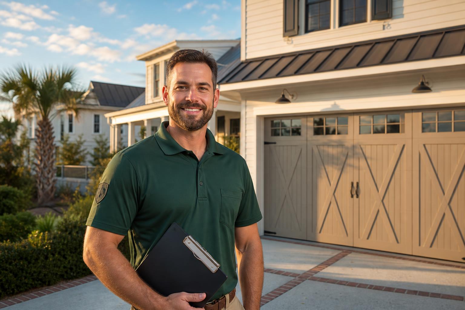 ProWay technician in front of a Charleston, SC home with a beige carriage-style garage door
